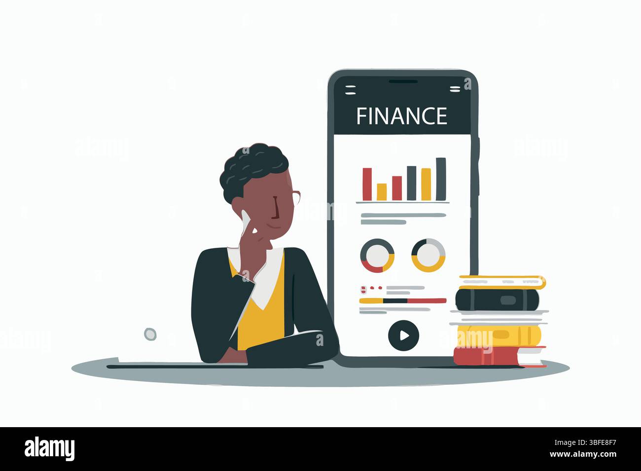 Analyzing Finance App Cartoon Illustration of a Man Reviewed Financial Data on HIS Mobile surrounded by Books e. Illustrazione Vettoriale