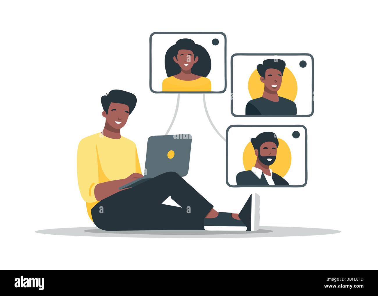 Illustrazione di riunioni virtuali uomo con notebook connesso a videochiamate con amici diversi Comunità di lavoro in remoto online Illustrazione Vettoriale