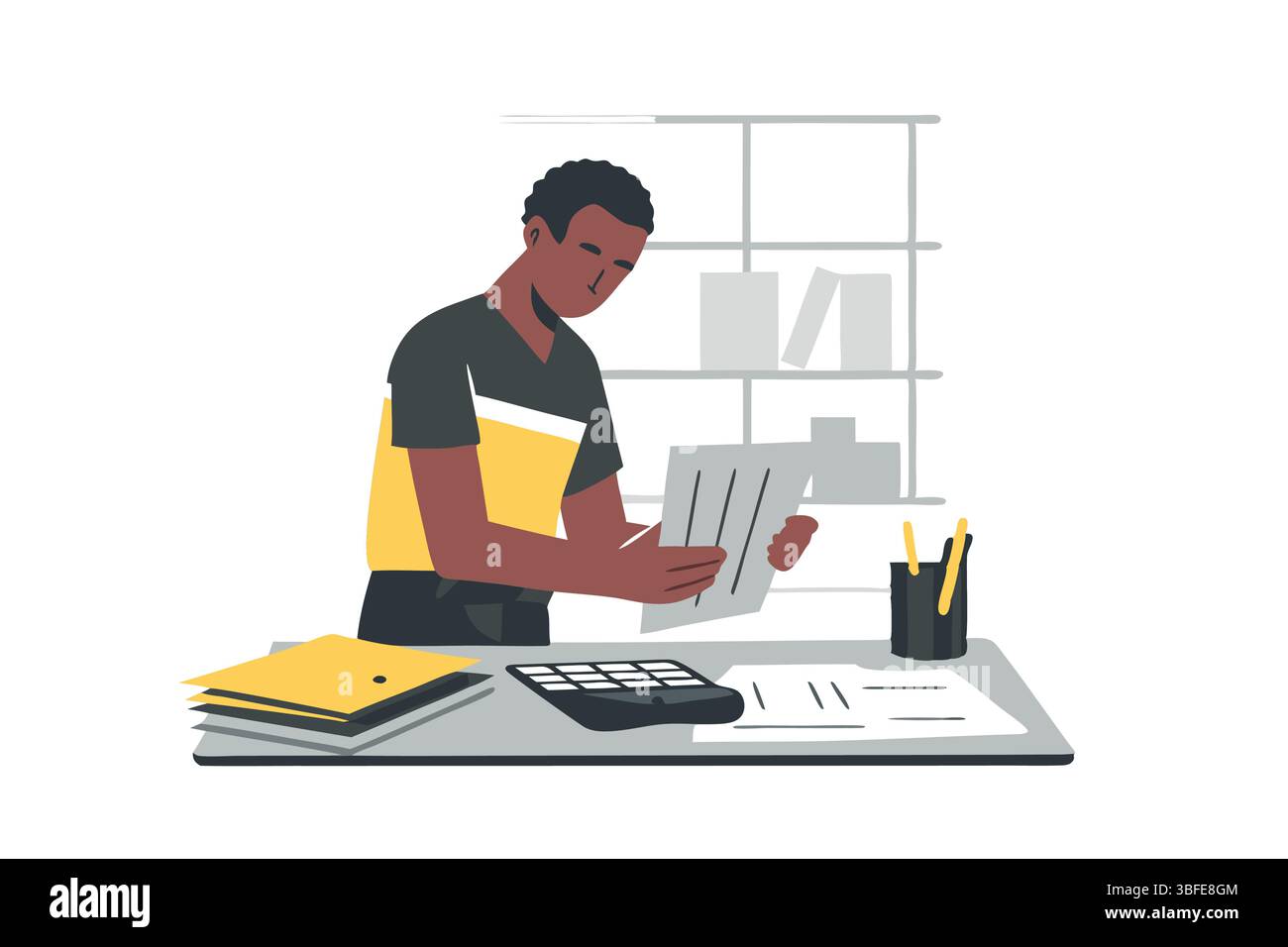Uomo concentrato che analizza i documenti finanziari presso Desk Accounting Ufficio tasse di lavoro contabilità documenti aziendali calcolo Illustrazione Vettoriale