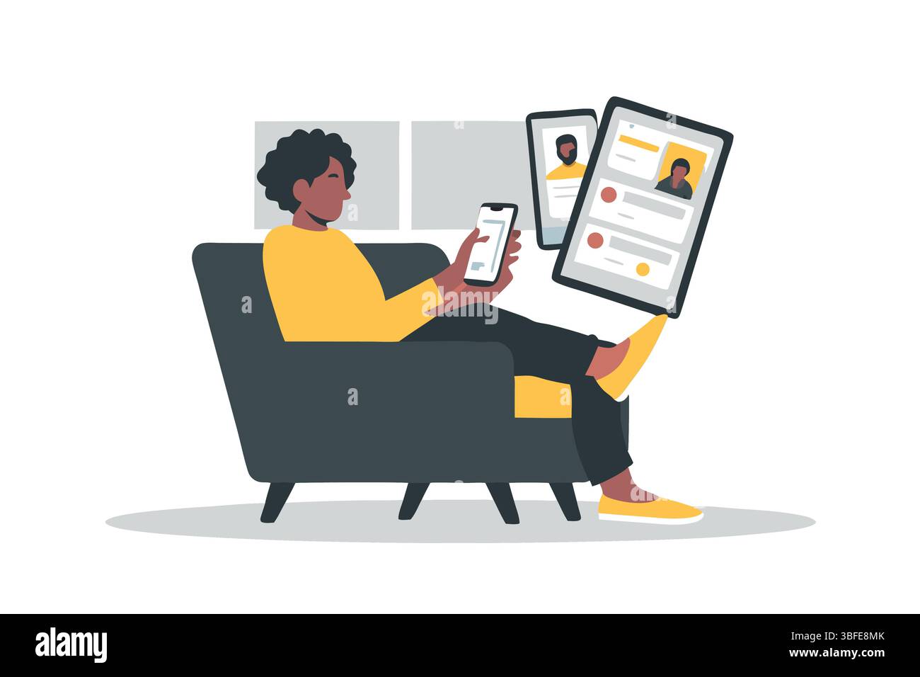 Donna che si rilassa con tecnologia a casa tablet smartphone applicazioni e stile di vita nel confortevole mondo digitale della poltrona Illustrazione Vettoriale