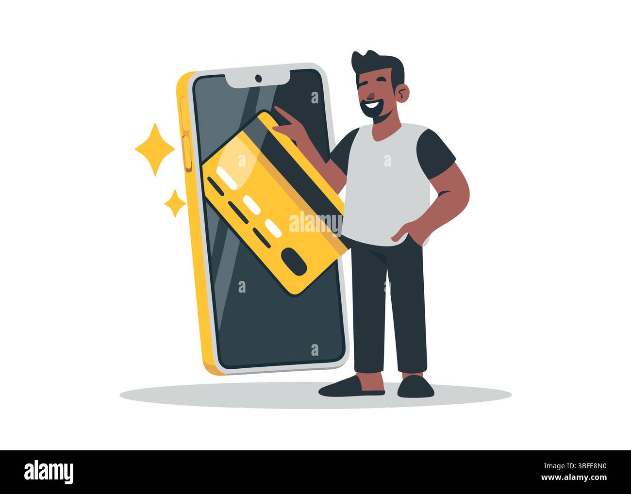 Happy Man mostra la carta di credito con Mobile Shopping, Easy Payment transazione senza contatto e Secure Online Banking Illustrazione Vettoriale