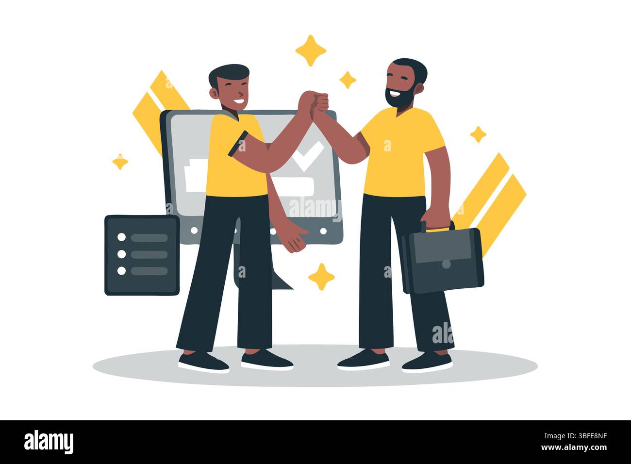 Successo aziendale due uomini che collaborano ad alto livello con Checkmarks lavoro di squadra e tecnologia per la crescita aziendale e. Illustrazione Vettoriale