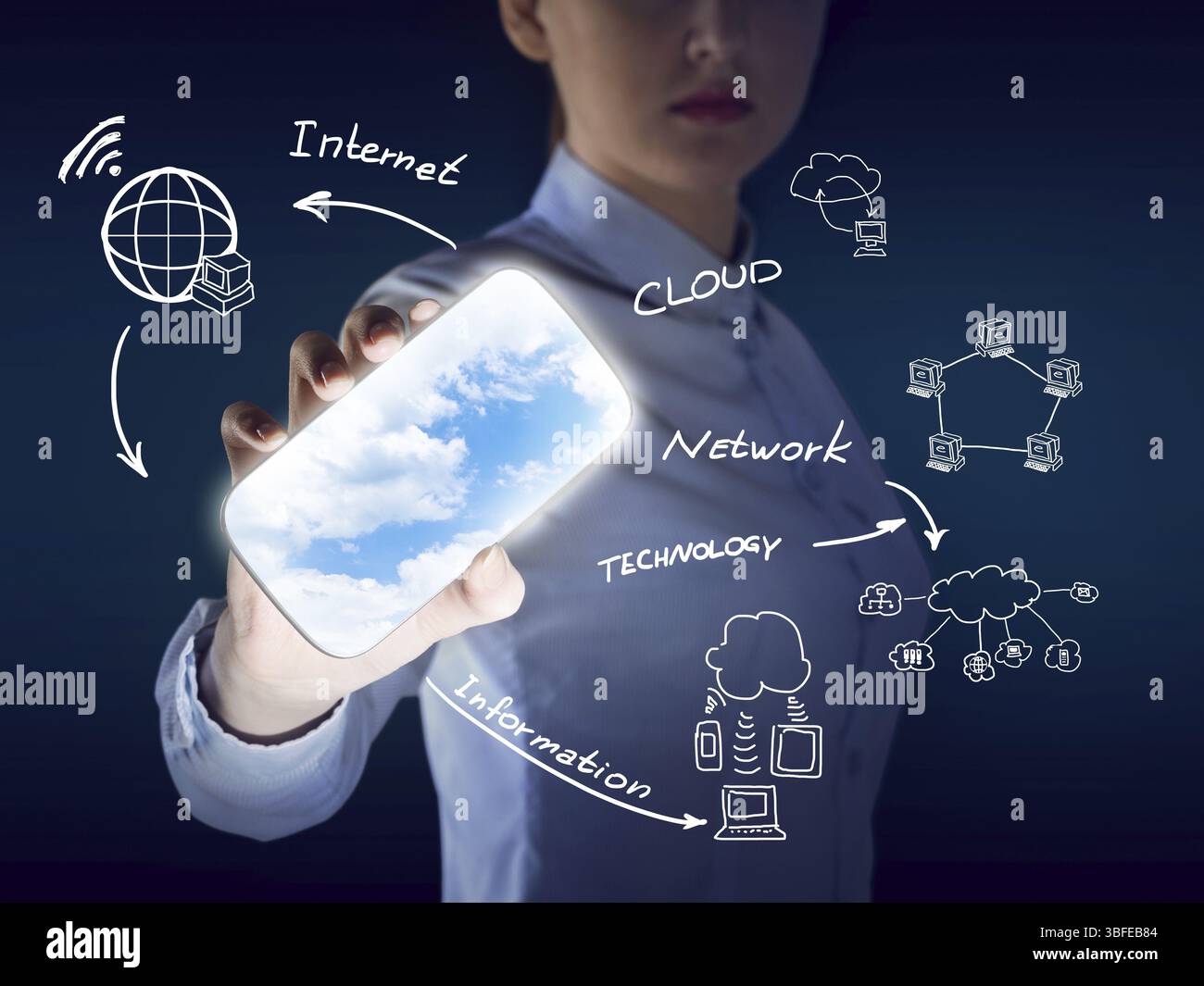 Vista ravvicinata di una donna d'affari che mostra lo smartphone come strumento per le aziende Foto Stock