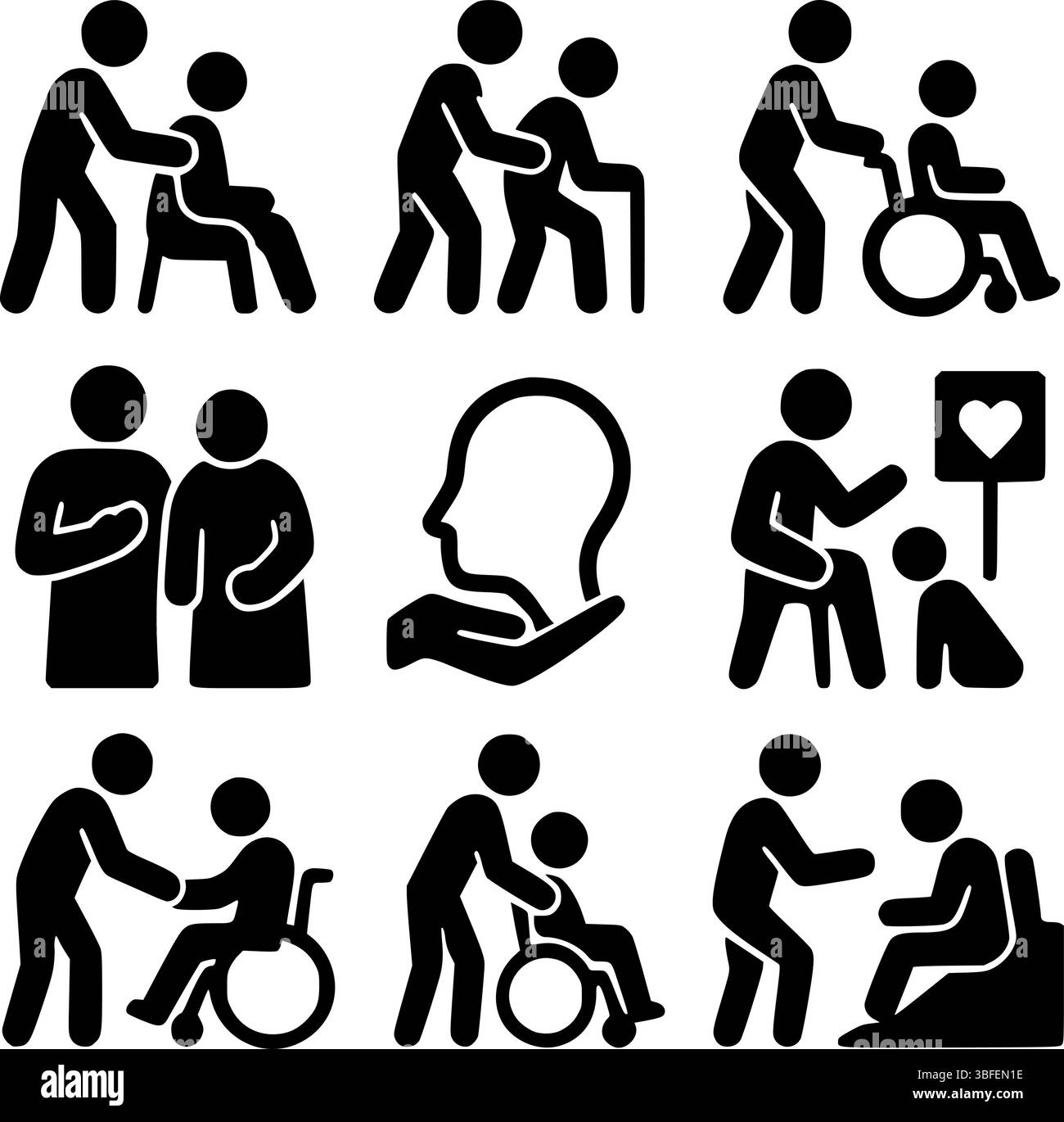 Icone di assistenza e supporto per anziani e disabili Illustrazione Vettoriale
