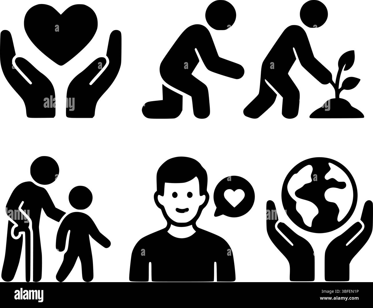 Set di icone di volontariato e gentilezza – aiutare le mani, la cura ambientale e l'amore globale Illustrazione Vettoriale