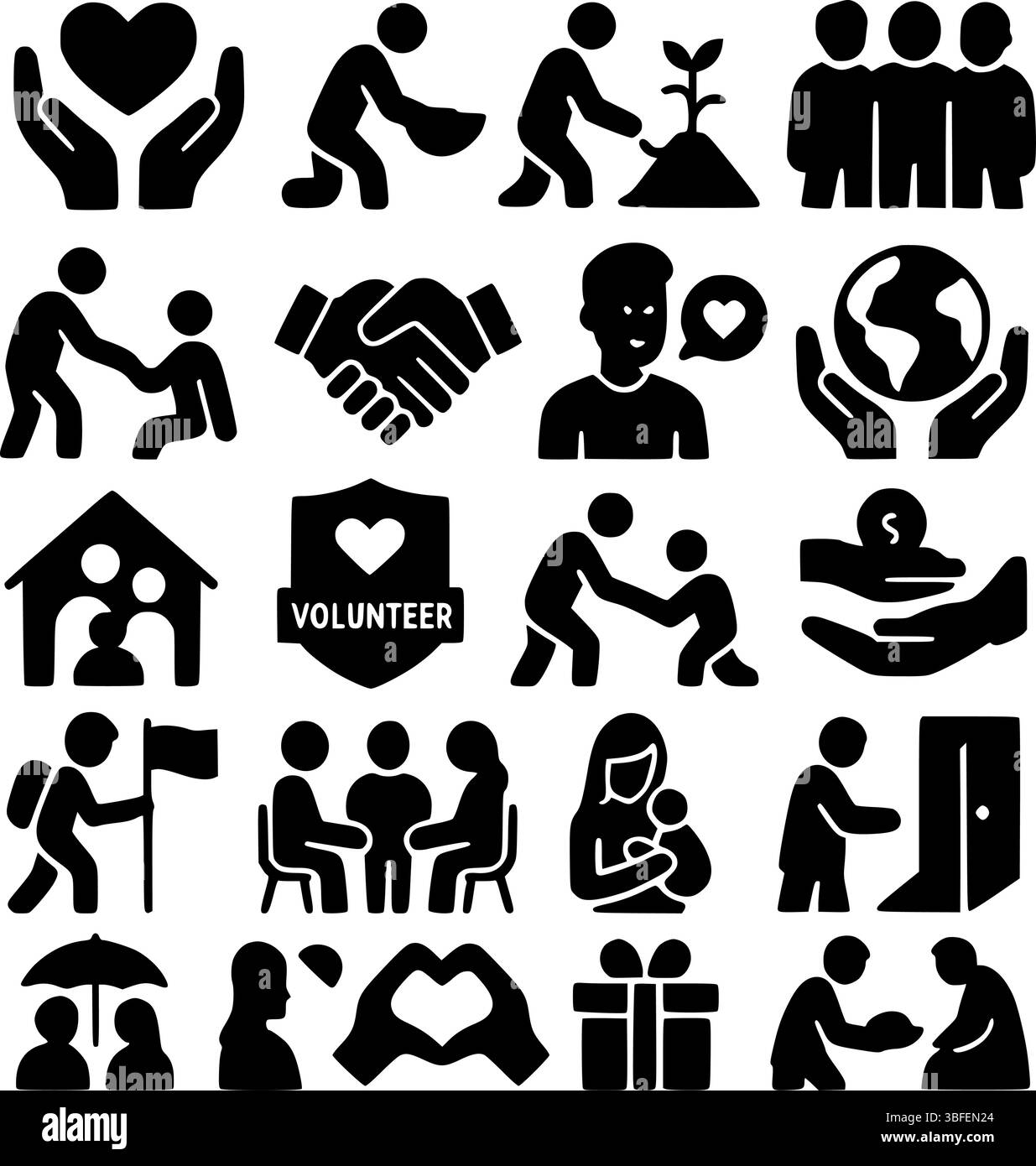 Icone di supporto alla comunità e volontariato - Set di vettori di carità, gentilezza e aiuto sociale Illustrazione Vettoriale