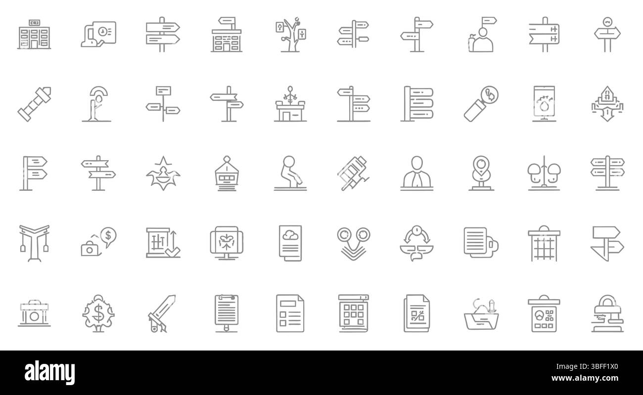 Set di icone vettoriali di segnaletica lineare, foglio icone. Illustrazione Vettoriale