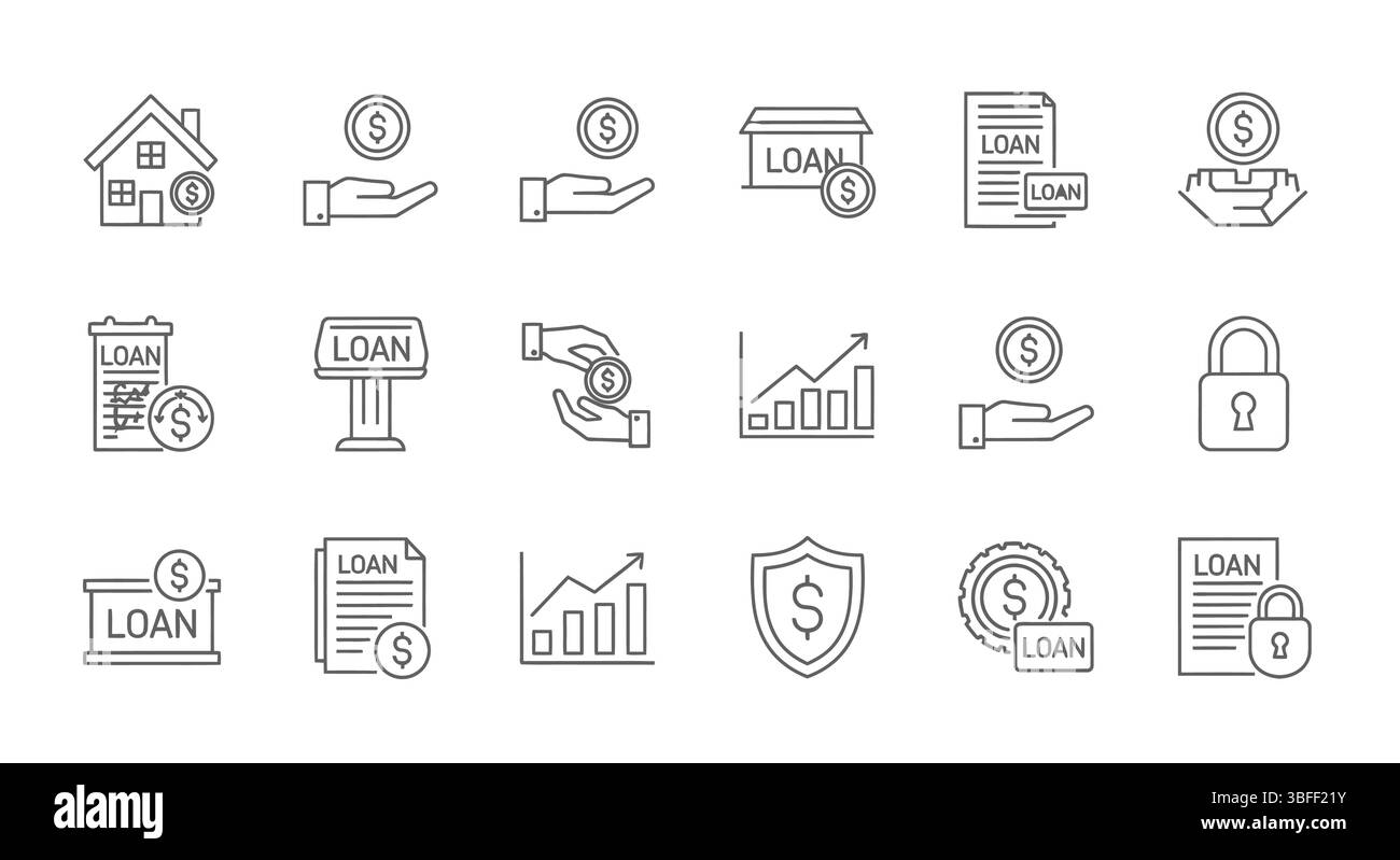 Set di icone vettore prestito lineare, foglio icone. Illustrazione Vettoriale