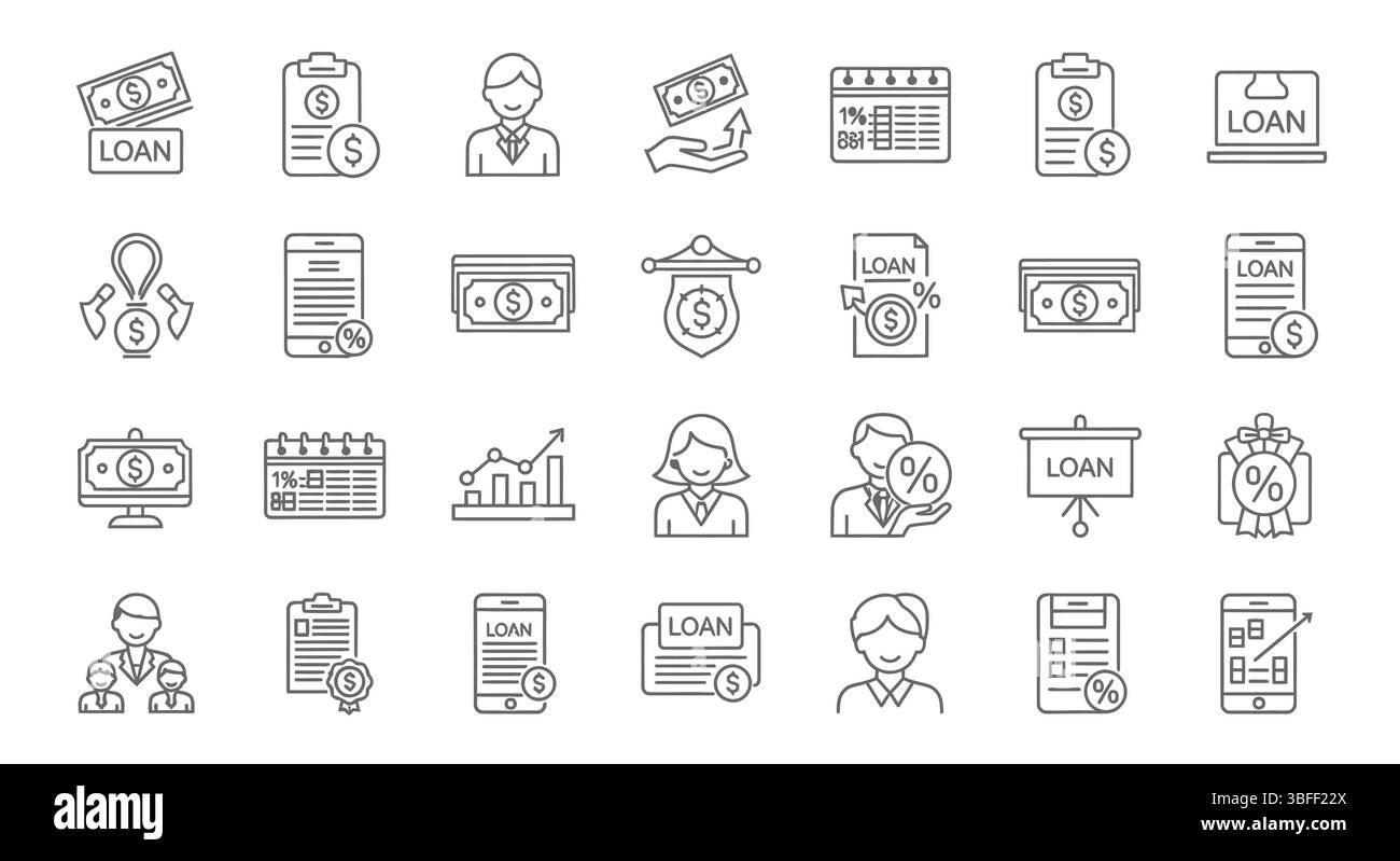 Set di icone vettore prestito lineare, foglio icone. Illustrazione Vettoriale