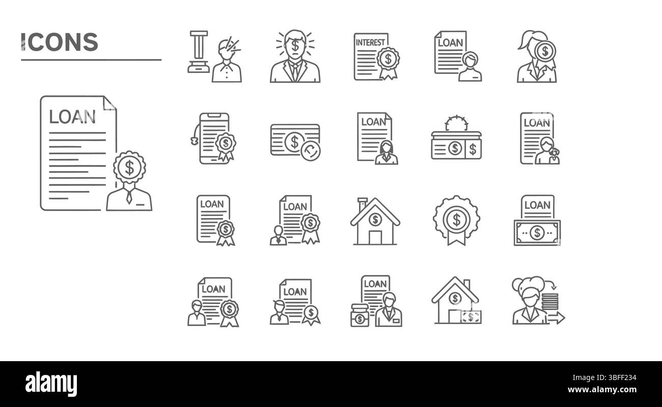 Set di icone vettore prestito lineare, foglio icone. Illustrazione Vettoriale