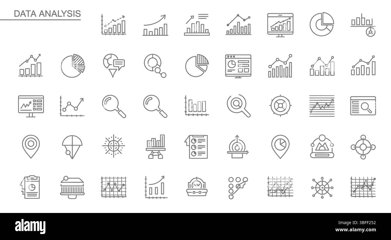 Gruppo di icone vettoriali di analisi lineare, foglio icone. Illustrazione Vettoriale