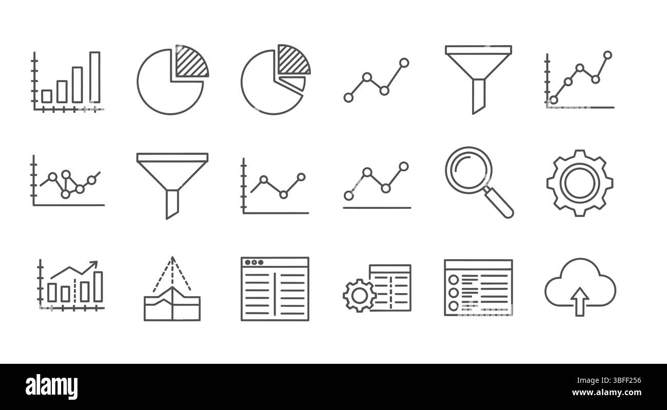 Gruppo di icone vettoriali di analisi lineare, foglio icone. Illustrazione Vettoriale