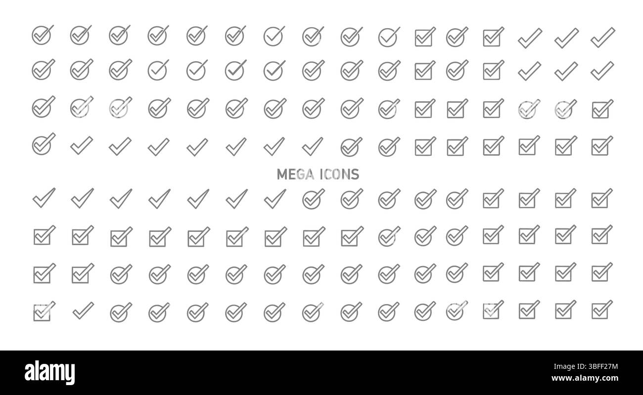 Gruppo di icone vettoriali del segno di spunta lineare, foglio icone. Illustrazione Vettoriale