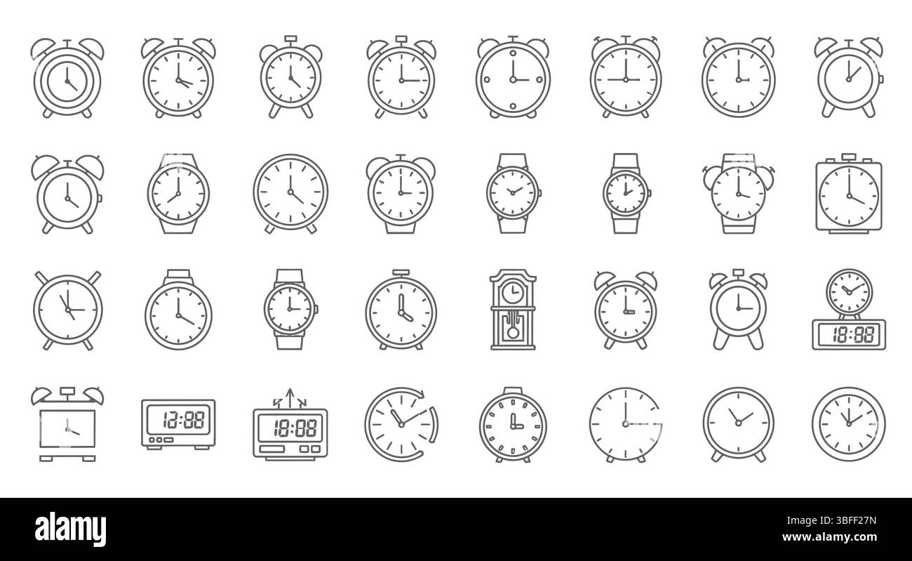 Set di icone vettoriali del clock lineare, foglio delle icone. Illustrazione Vettoriale
