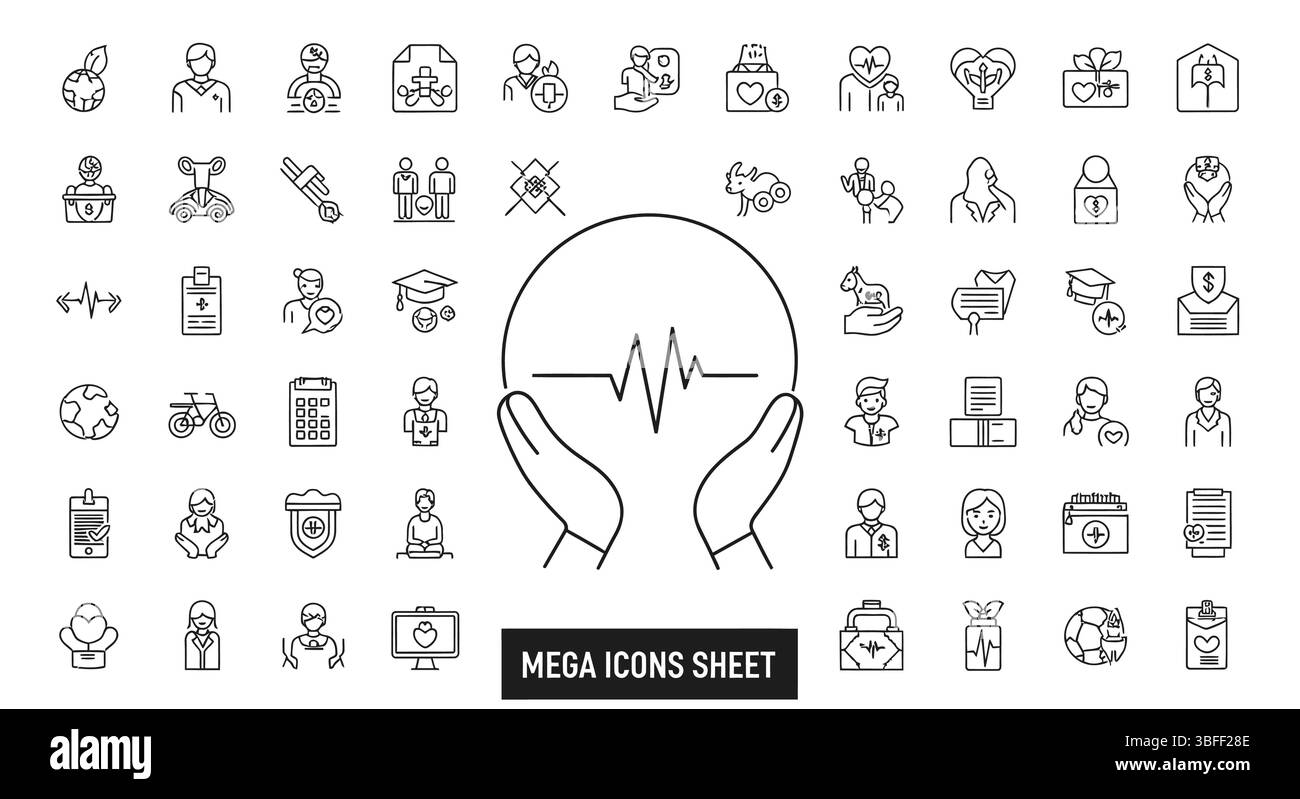 Set di icone vettoriali di carità lineare, foglio icone. Illustrazione Vettoriale