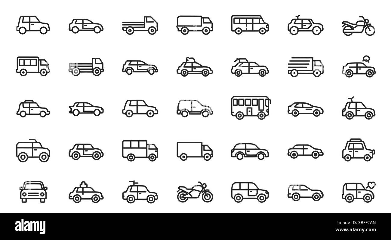 Set di icone vettoriali dell'automobile lineare, scheda icone. Illustrazione Vettoriale