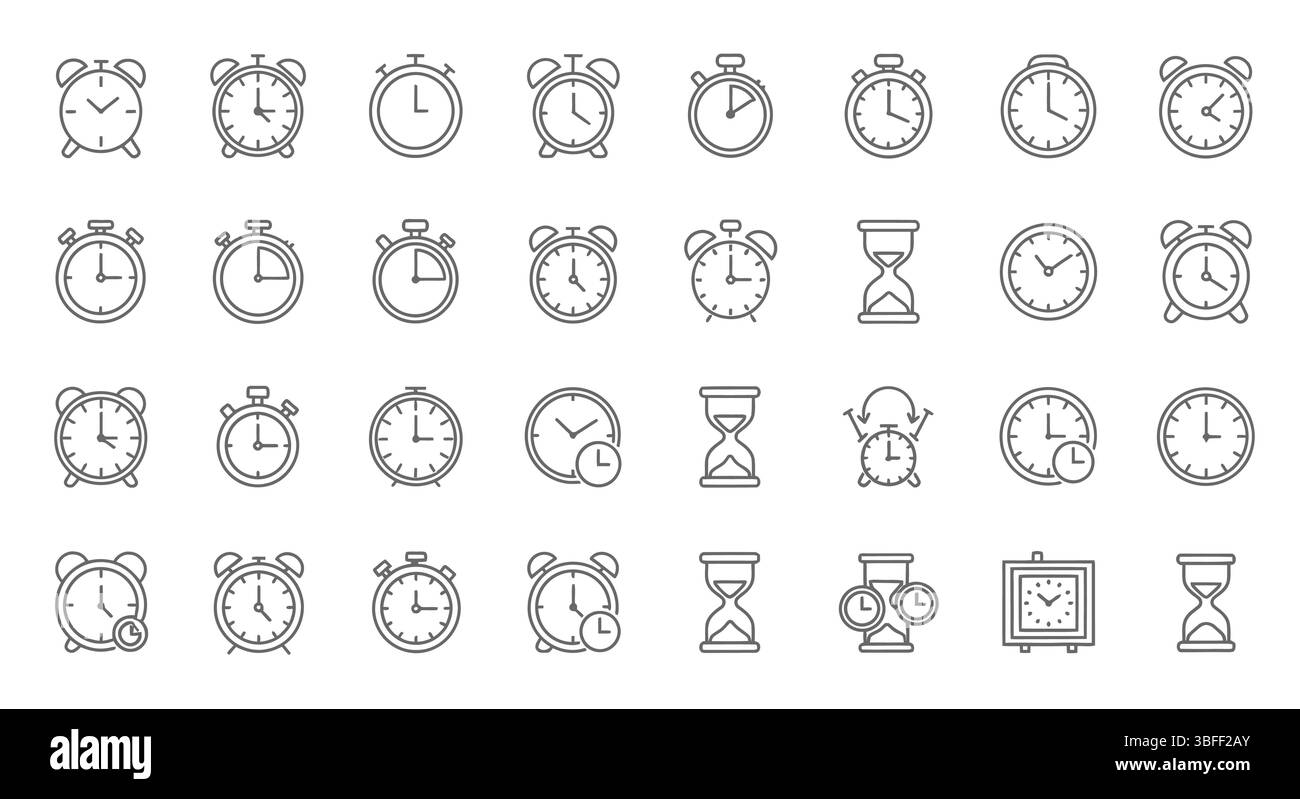 Set di icone vettoriali del clock lineare, foglio delle icone. Illustrazione Vettoriale