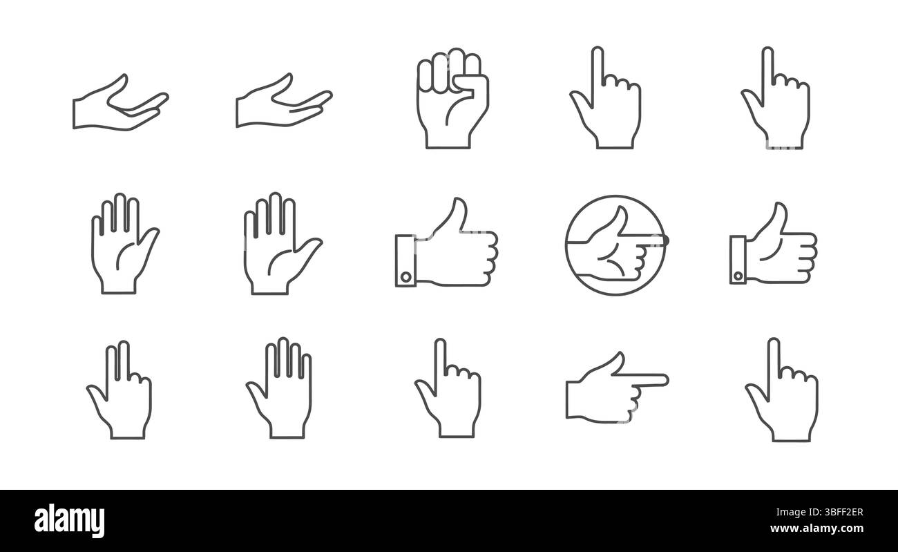 Set di icone vettoriali mani lineari, foglio icone. Illustrazione Vettoriale