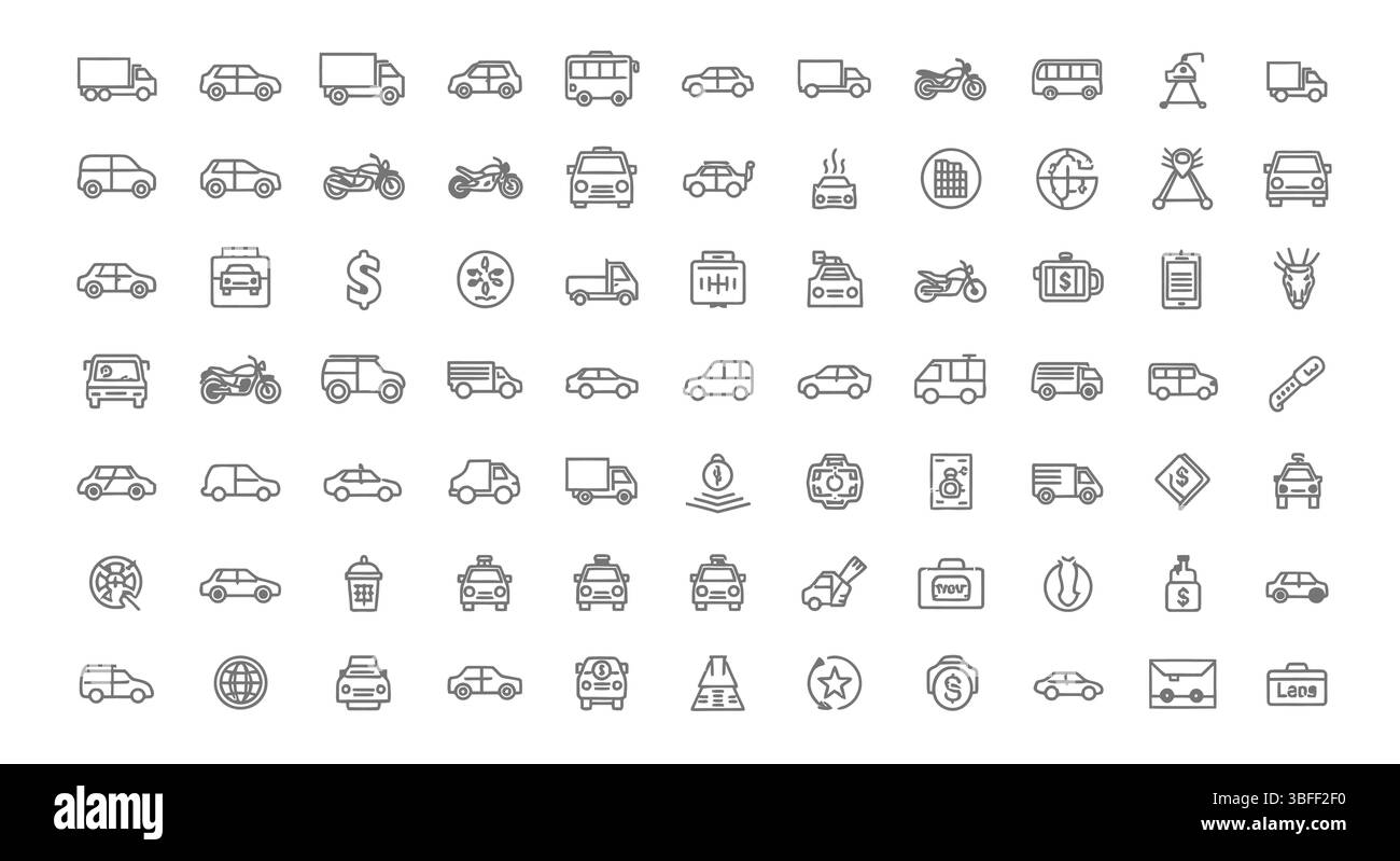 Set di icone vettoriali dell'automobile lineare, scheda icone. Illustrazione Vettoriale