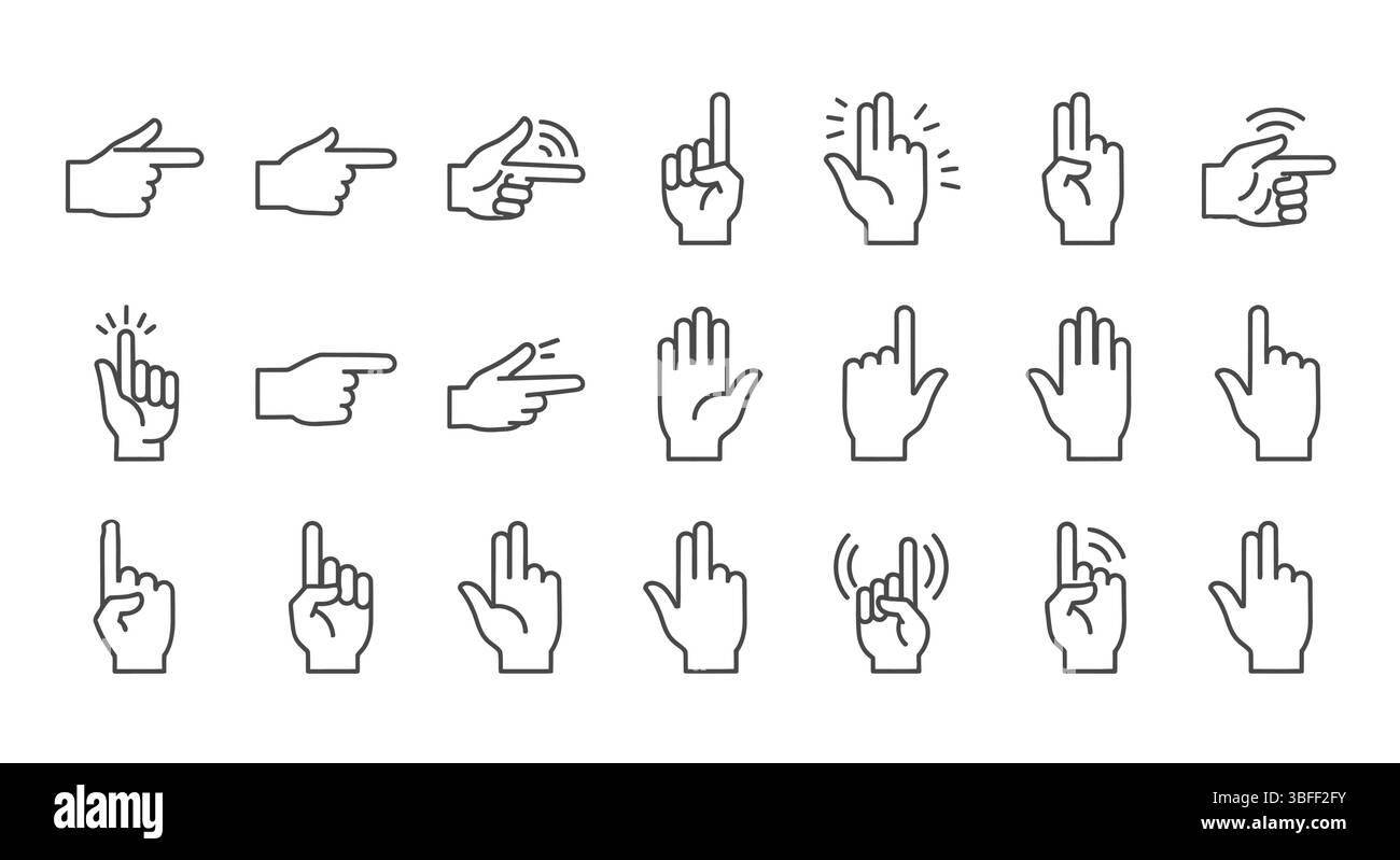 Set di icone vettoriali mani lineari, foglio icone. Illustrazione Vettoriale