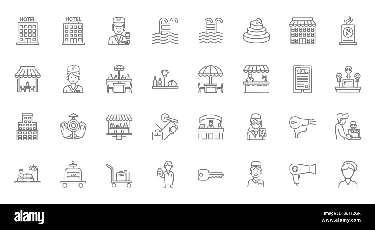 Set di icone vettoriali hotel lineari, scheda icone. Illustrazione Vettoriale