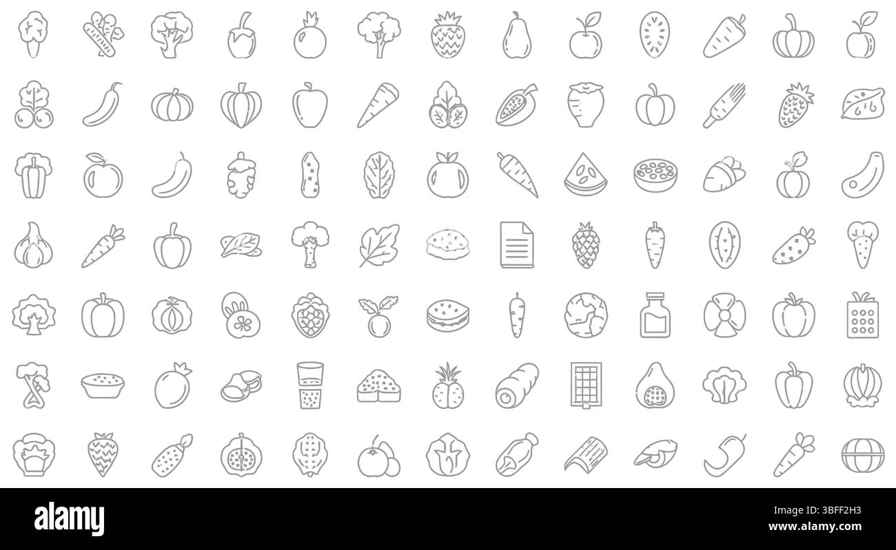 Set di icone di cibo sano vettore lineare, foglio icone. Illustrazione Vettoriale