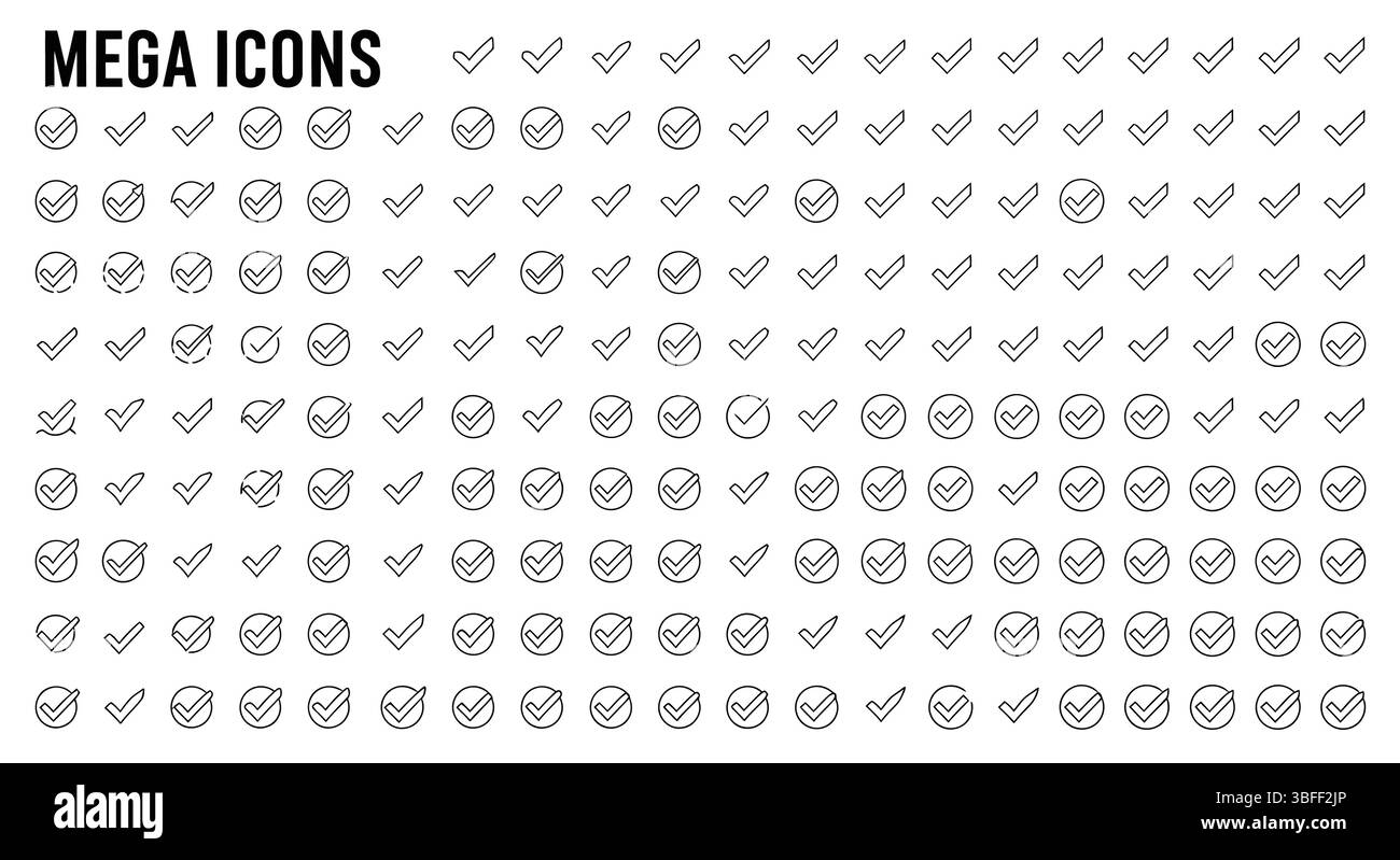 Gruppo di icone vettoriali del segno di spunta lineare, foglio icone. Illustrazione Vettoriale