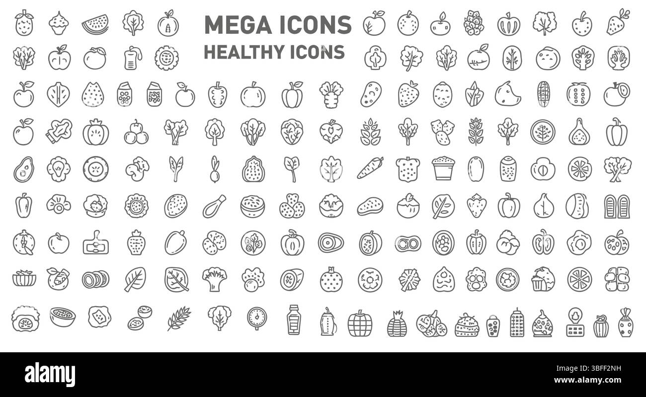 Set di icone di cibo sano vettore lineare, foglio icone. Illustrazione Vettoriale