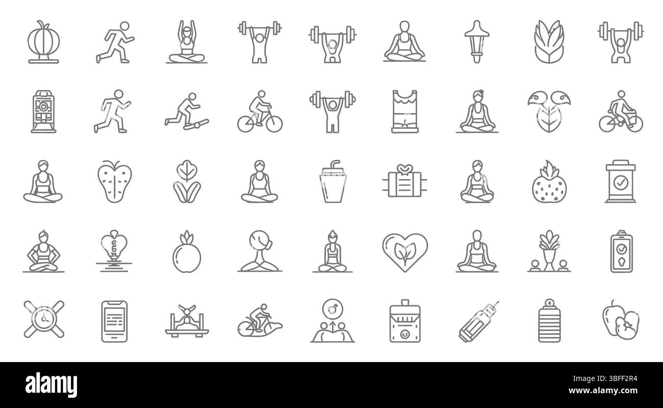 Set di icone vettore fitness lineare, scheda icone. Illustrazione Vettoriale Set di icone vettore fitness lineare, scheda icone. Illustrazione Vettoriale