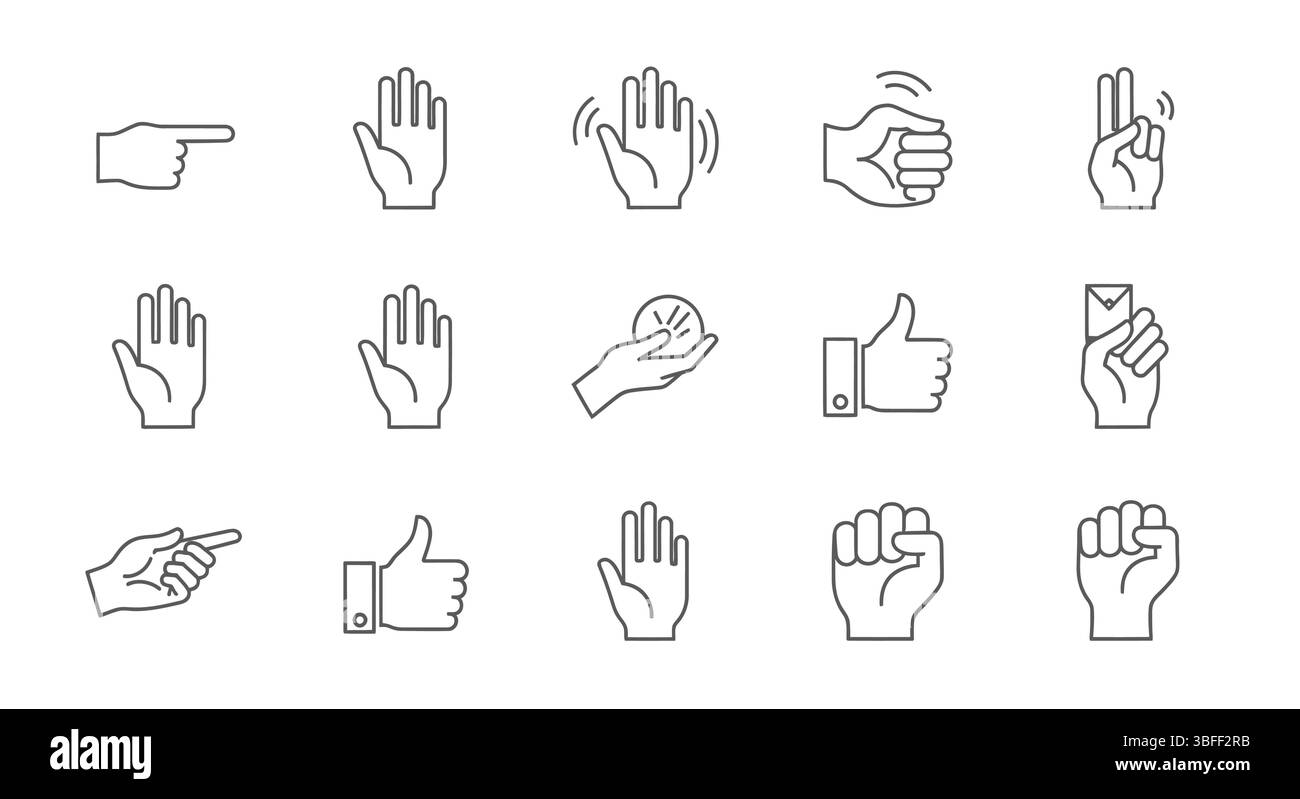 Set di icone vettoriali mani lineari, foglio icone. Illustrazione Vettoriale