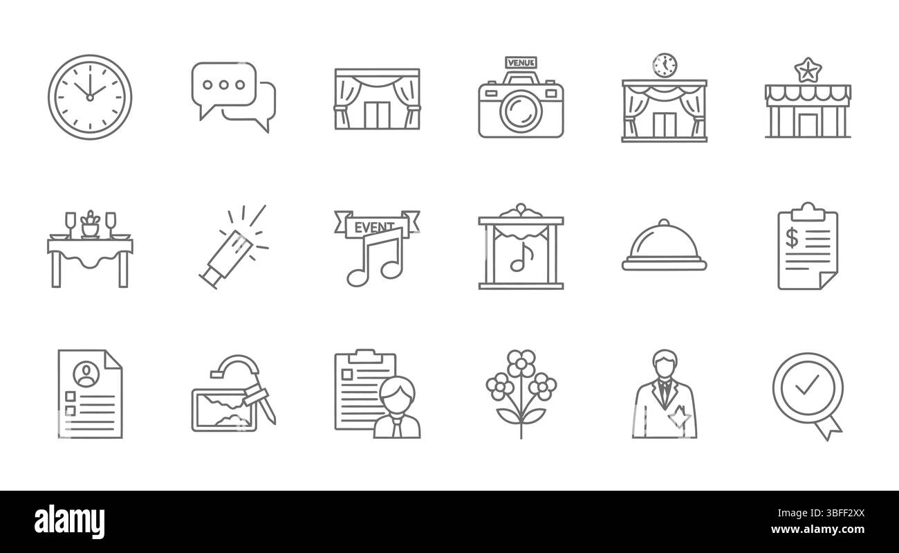 Set di icone vettoriali pianificazione eventi lineare, Foglio icone. Illustrazione Vettoriale