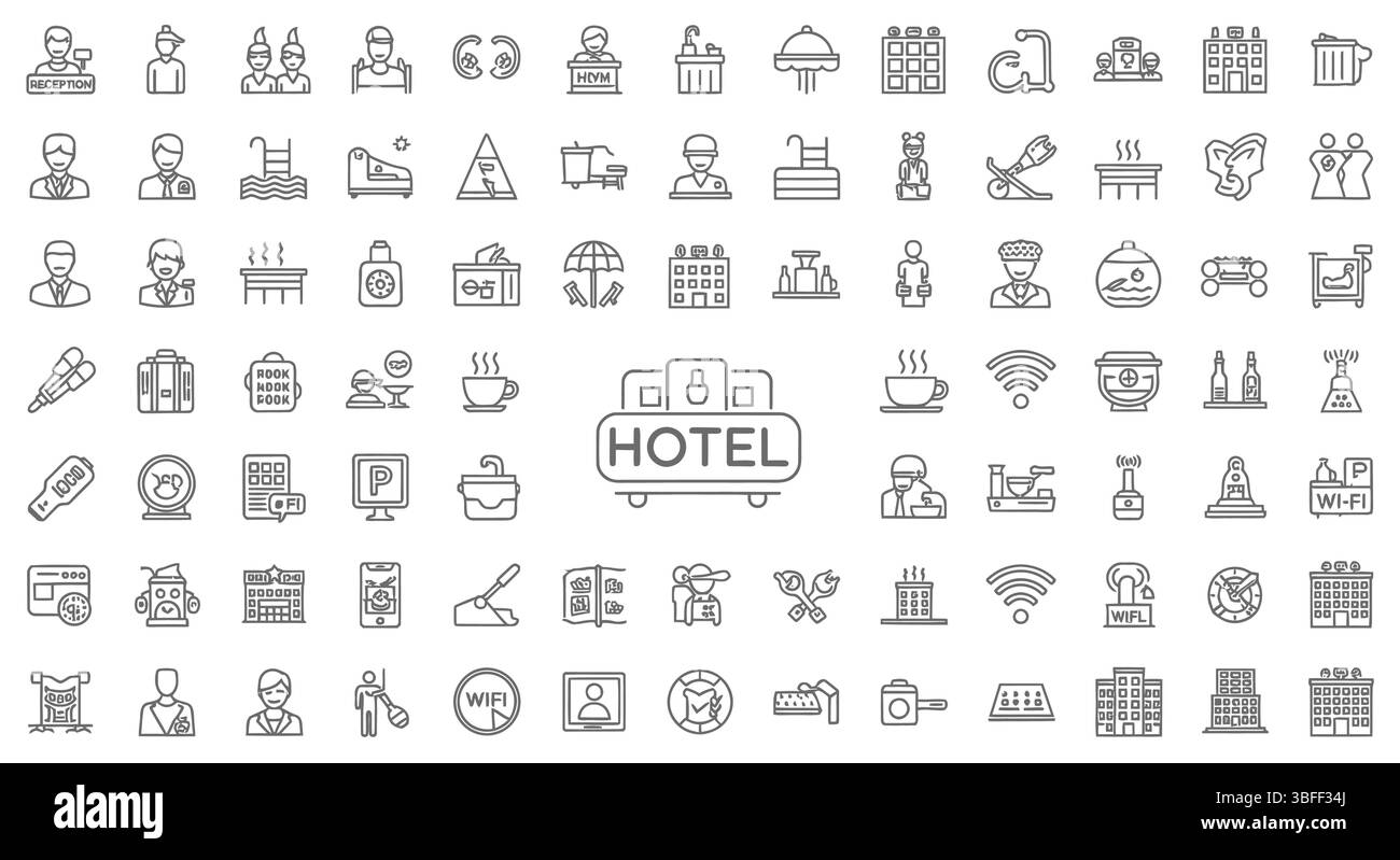 Set di icone vettoriali hotel lineari, scheda icone. Illustrazione Vettoriale