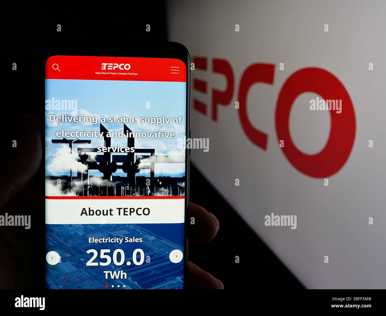 Stoccarda, Germania - 01-22-2025: Persona che possiede uno smartphone con la pagina Web di Energy business Tokyo Electric Power Company (TEPCO) sullo schermo con il logo. Foto Stock