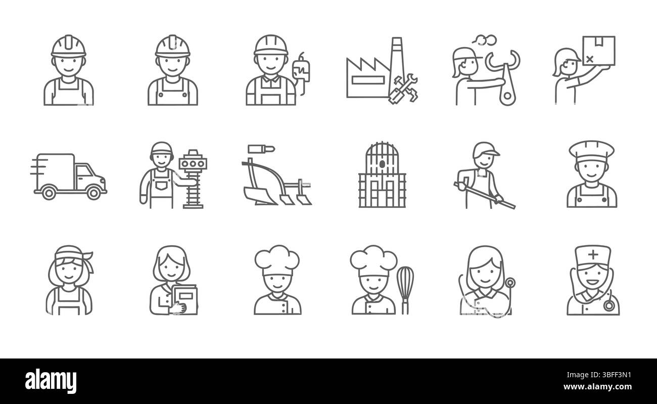 Gruppo di icone vettoriali di lavoro lineare, foglio icone. Illustrazione Vettoriale