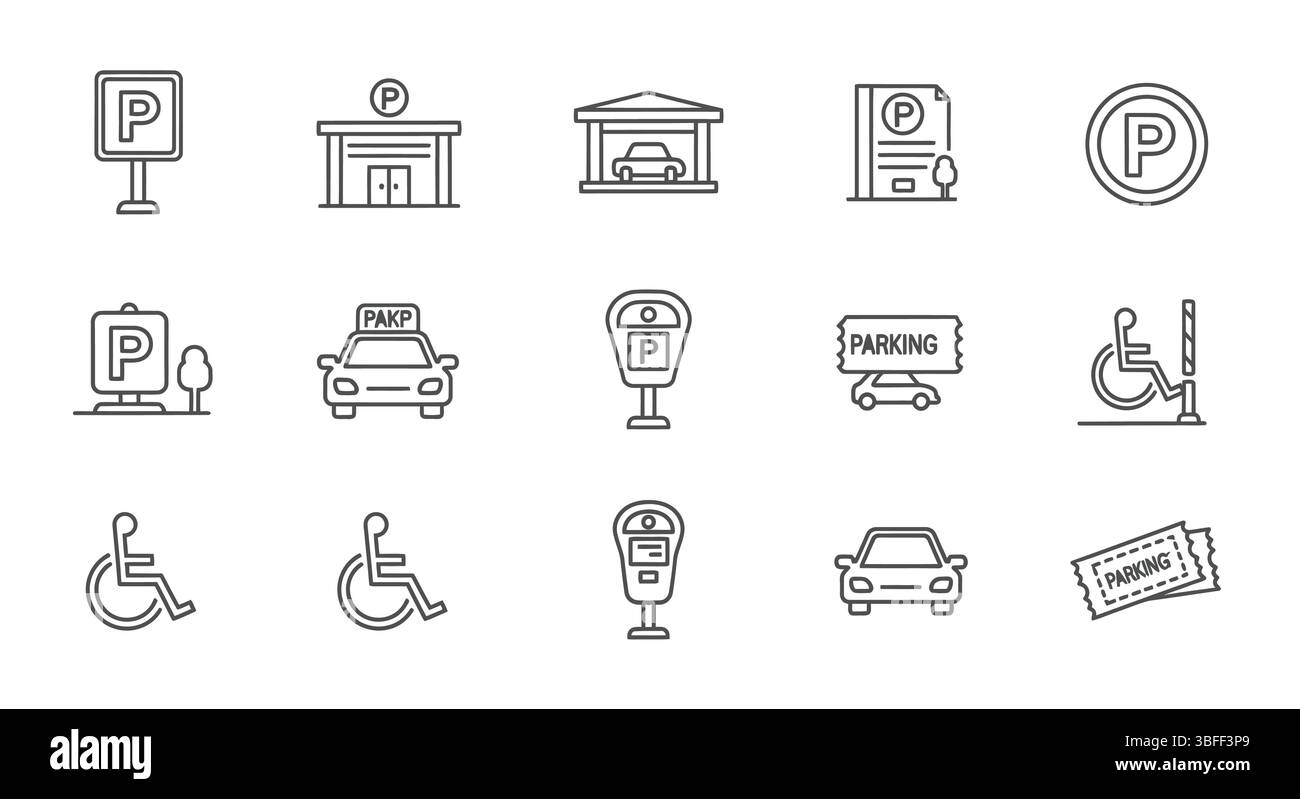 Set di icone vettoriali di parcheggio lineare, foglio icone. Illustrazione Vettoriale