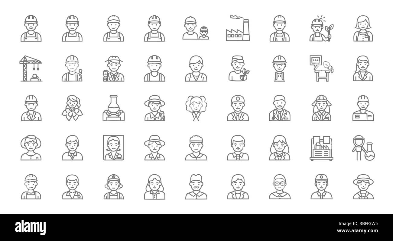 Gruppo di icone vettoriali di lavoro lineare, foglio icone. Illustrazione Vettoriale