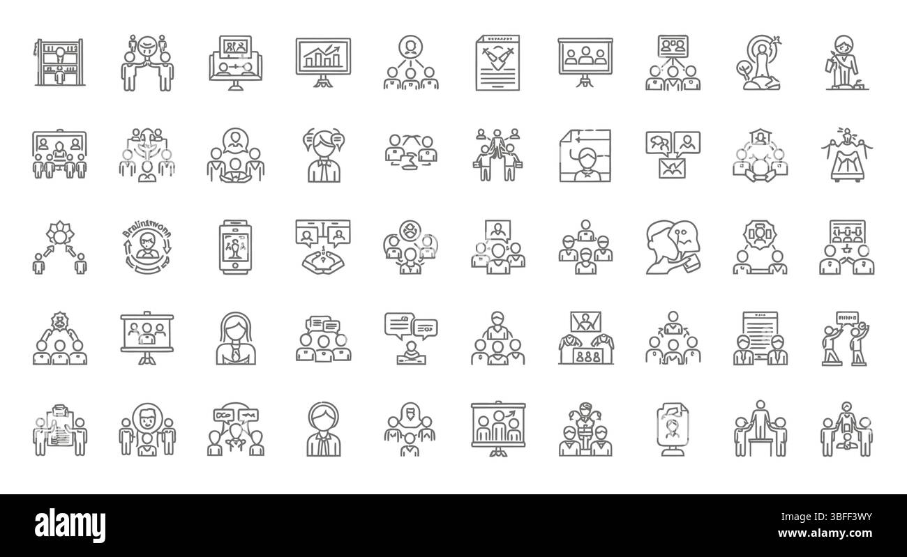 Set di icone vettoriali di lavoro di squadra lineari, foglio icone. Illustrazione Vettoriale