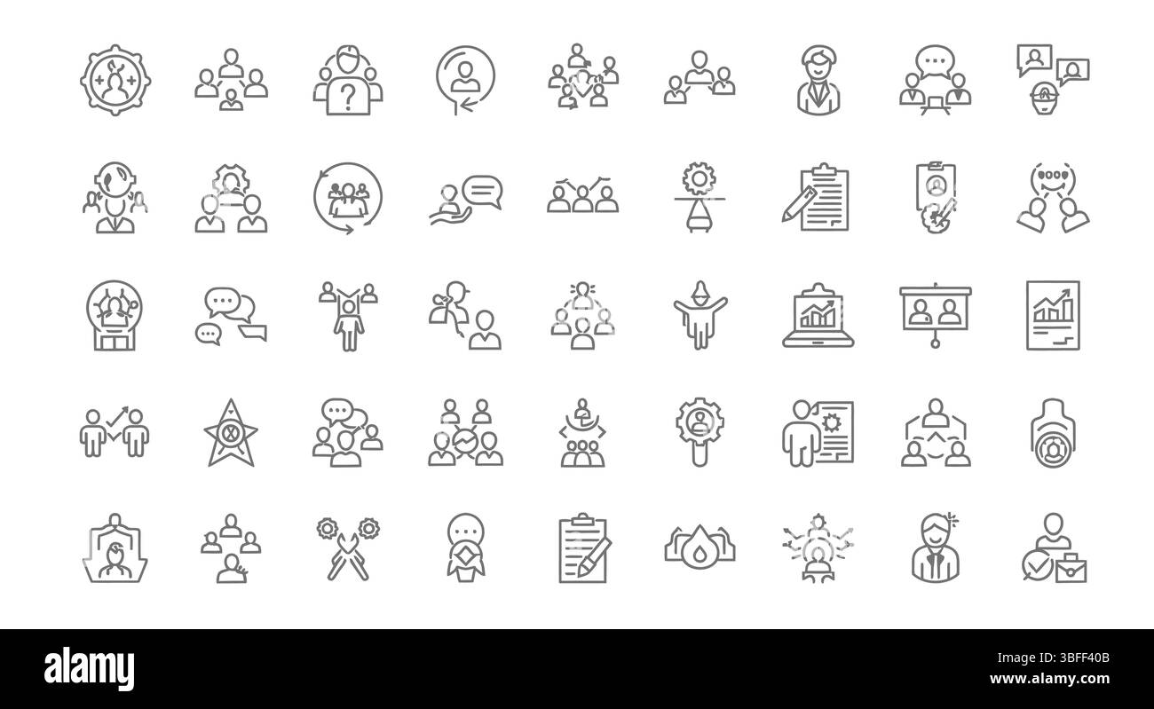 Set di icone vettoriali di lavoro di squadra lineari, foglio icone. Illustrazione Vettoriale