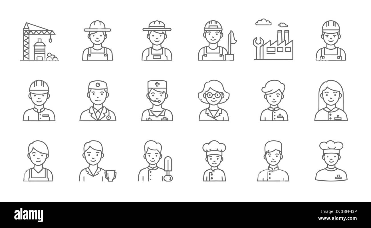 Gruppo di icone vettoriali di lavoro lineare, foglio icone. Illustrazione Vettoriale