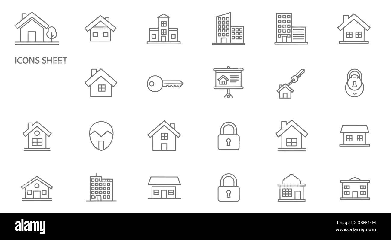Set di icone vettoriali lineari immobiliari, foglio icone. Illustrazione Vettoriale Set di icone vettoriali lineari immobiliari, foglio icone. Illustrazione Vettoriale