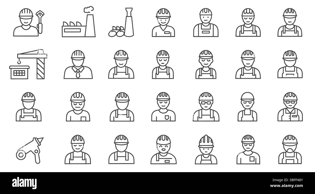 Gruppo di icone vettoriali di lavoro lineare, foglio icone. Illustrazione Vettoriale