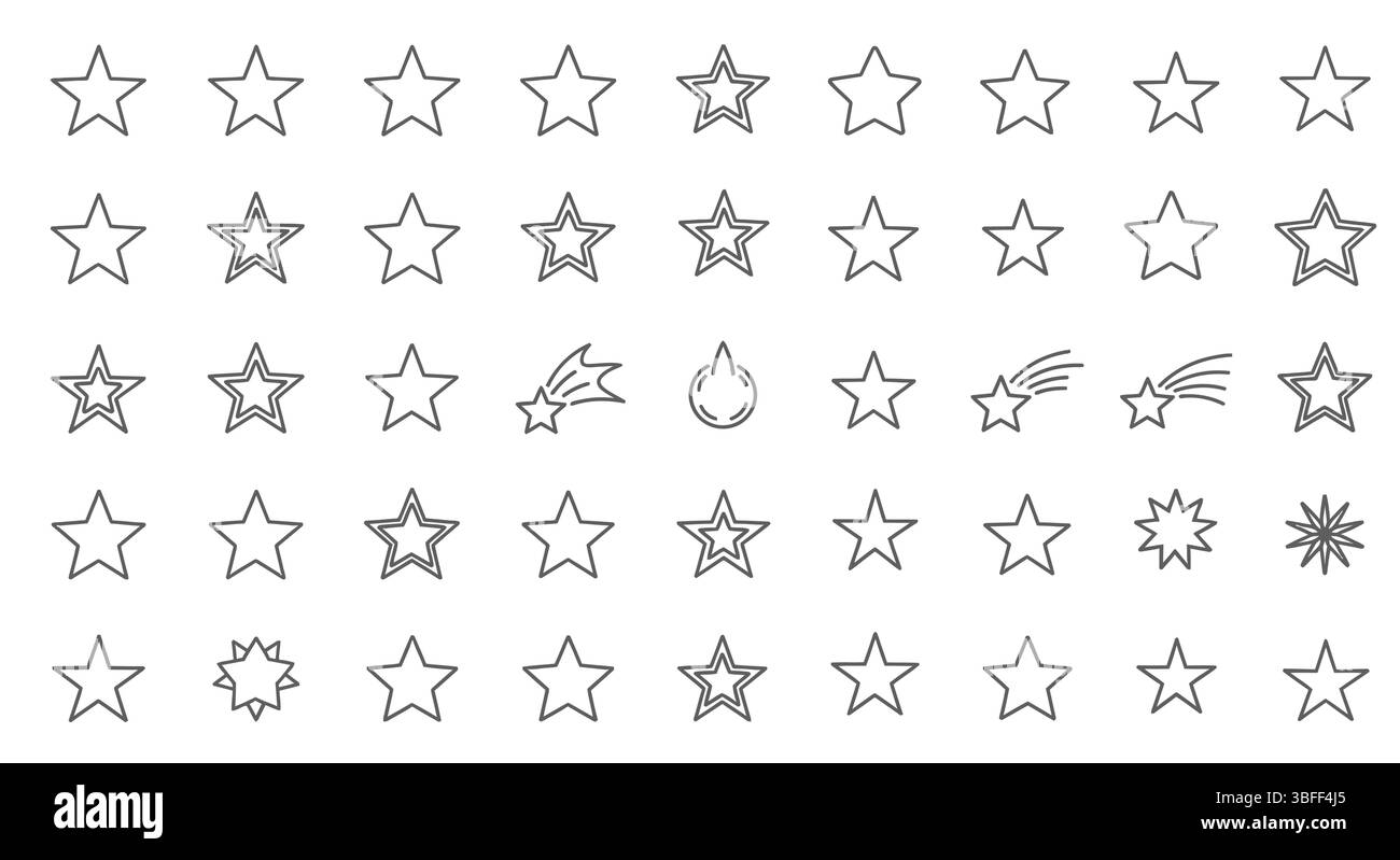 Set di icone vettore stella lineare, foglio icone. Illustrazione Vettoriale