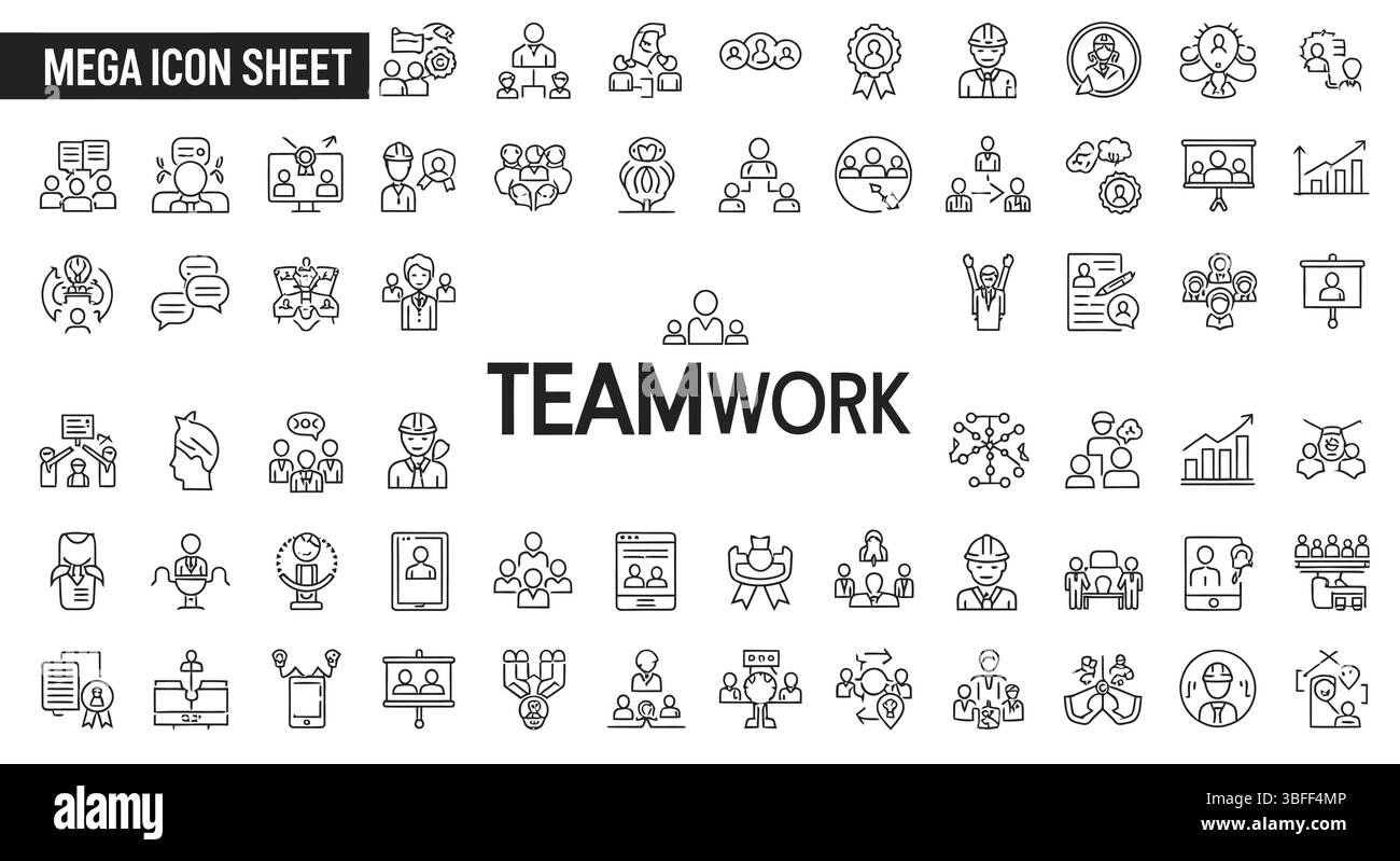 Set di icone vettoriali di lavoro di squadra lineari, foglio icone. Illustrazione Vettoriale