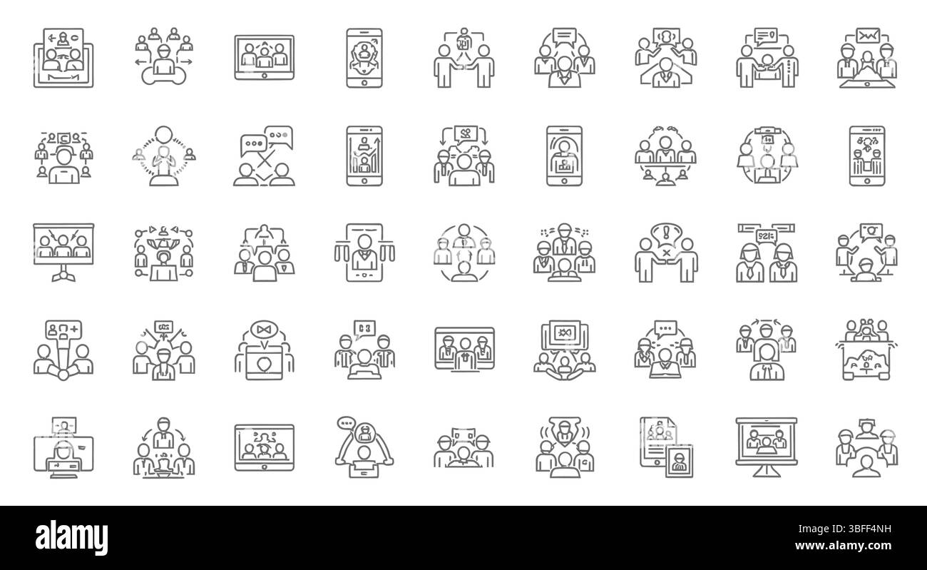 Set di icone vettoriali di lavoro di squadra lineari, foglio icone. Illustrazione Vettoriale