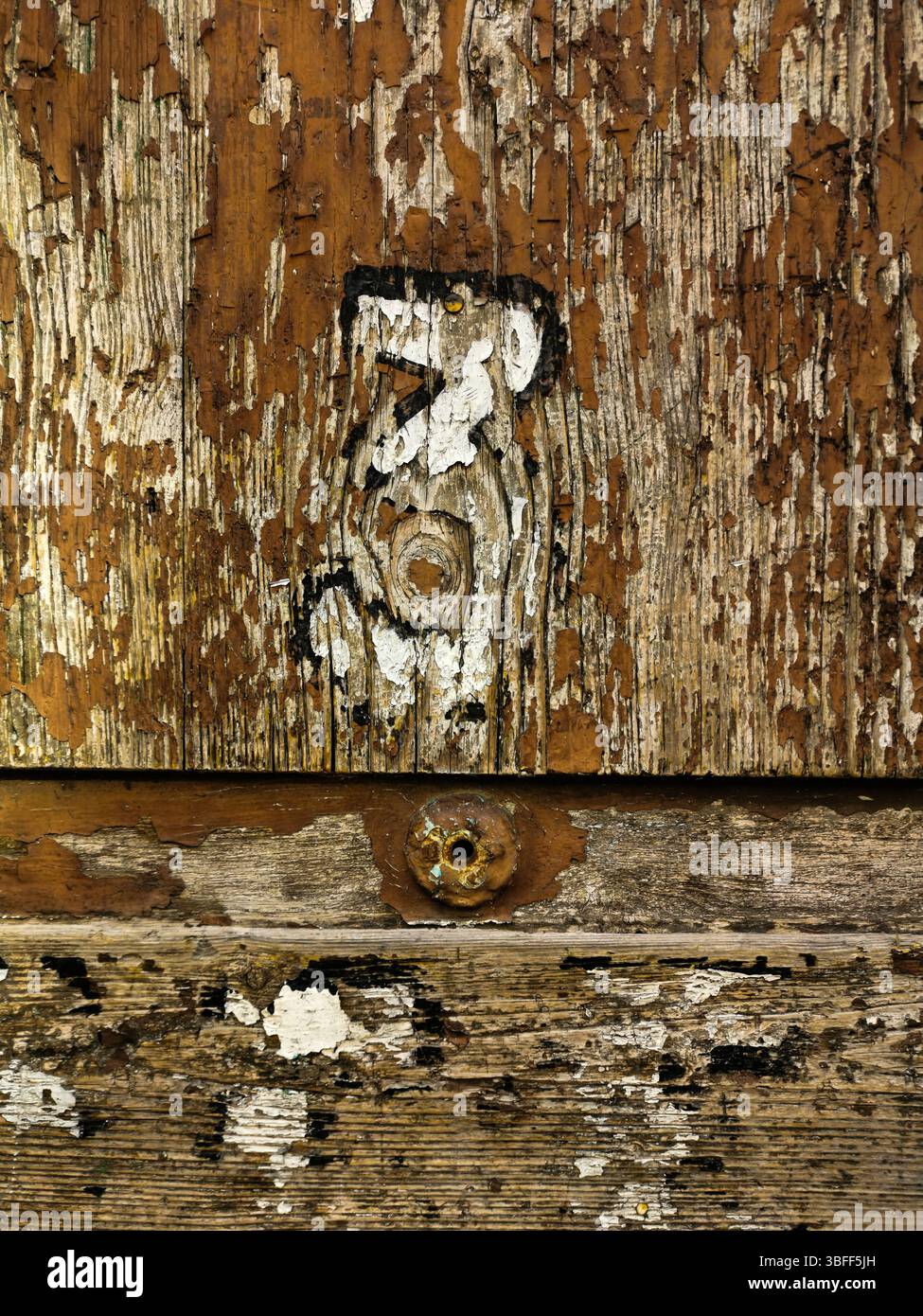 Una vista ravvicinata rivela una superficie in legno resistente agli agenti atmosferici con varie texture e vernice sbucciante. Foto Stock