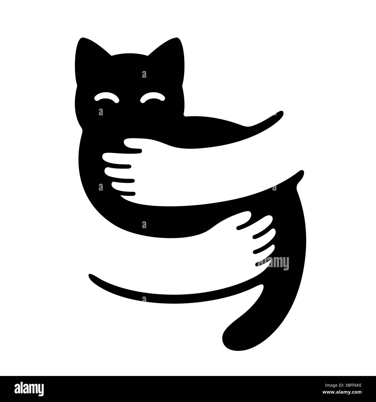 Immagine che mostra come tenere il gatto in braccia avvolgenti, logo silhouette semplice ed elegante. Cura degli animali domestici, amore per i gatti. Design in bianco e nero con spazio negativo. Illustrazione Vettoriale