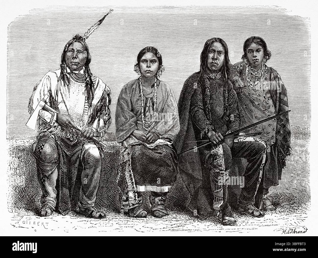 Uomini e donne Sioux. Stati Uniti d'America. Disegno di C. Gilbert. Viaggio da Washington a San Francisco, 1868 di Lambert Marius Laurent Louis Simonin (1830-1886) le Tour du Monde 1874 Foto Stock