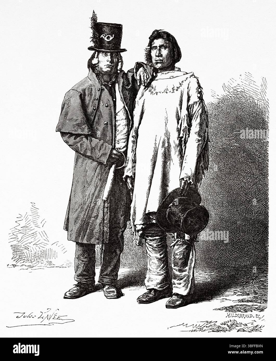 Capi serpenti indiani della tribù dei Goshutes, Stati Uniti d'America. Disegno di Jules Lavee (1840-1903) viaggio da Washington a San Francisco, 1868 di Lambert Marius Laurent Louis Simonin (1830-1886) le Tour du Monde 1874 Foto Stock