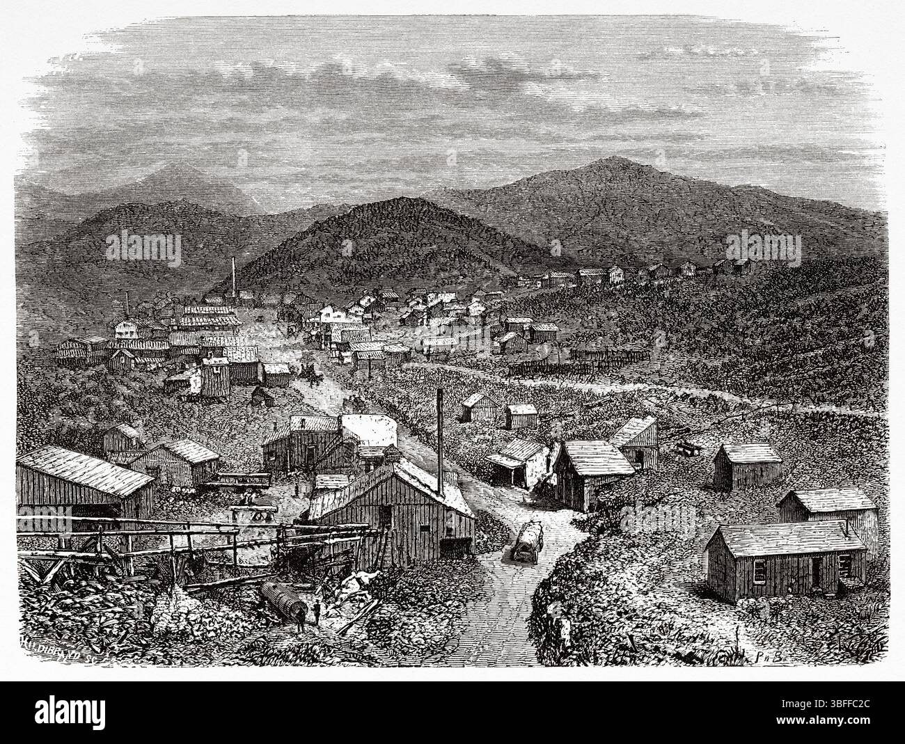 Silver City, Nevada. Stati Uniti d'America. Disegno di Philippe Benoist (1813-1896) viaggio da Washington a San Francisco, 1868 di Lambert Marius Laurent Louis Simonin (1830-1886) le Tour du Monde 1874 Foto Stock