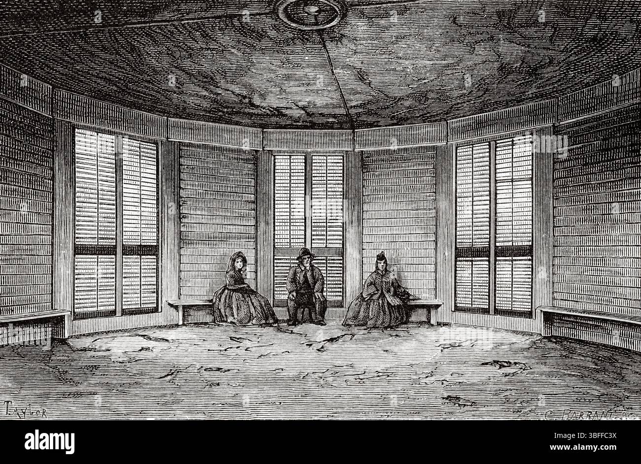 Interno della casa costruito sul ceppo di un grande albero, 1865-66. Calaveras Big Trees State Park, Ebbetts Pass National Scenic Byway, California. Stati Uniti d'America. Disegno di Taylor. Viaggio da Washington a San Francisco, 1868 di Lambert Marius Laurent Louis Simonin (1830-1886) le Tour du Monde 1874 Foto Stock